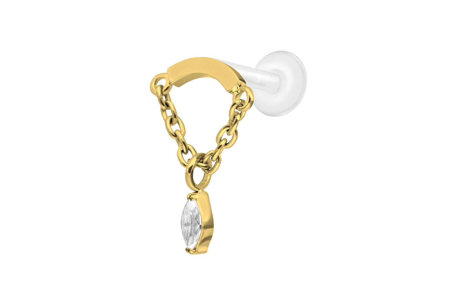 PTFE Labret Piercing mit Innengewinde + Titan-Aufsatz BOGEN + KETTE + KRISTALLTROPFEN